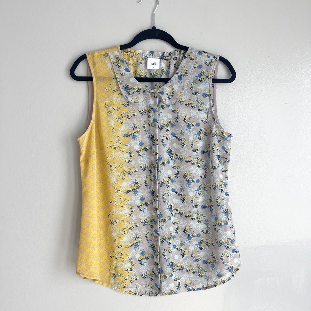 Cabi Offsides Sleeveless Floral Blouse Sheer Button Front Peter Pan Collar M